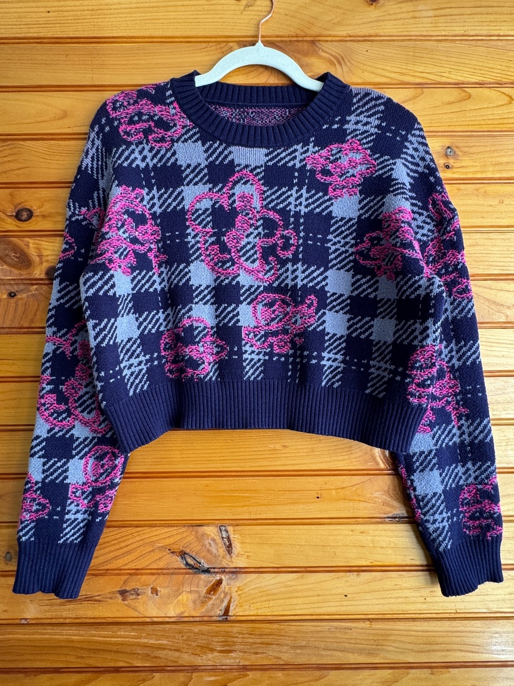 Cider Y2K Cropped Sweater S Pink Rose Plaid Retro Floral Knit Crewneck Pullover
